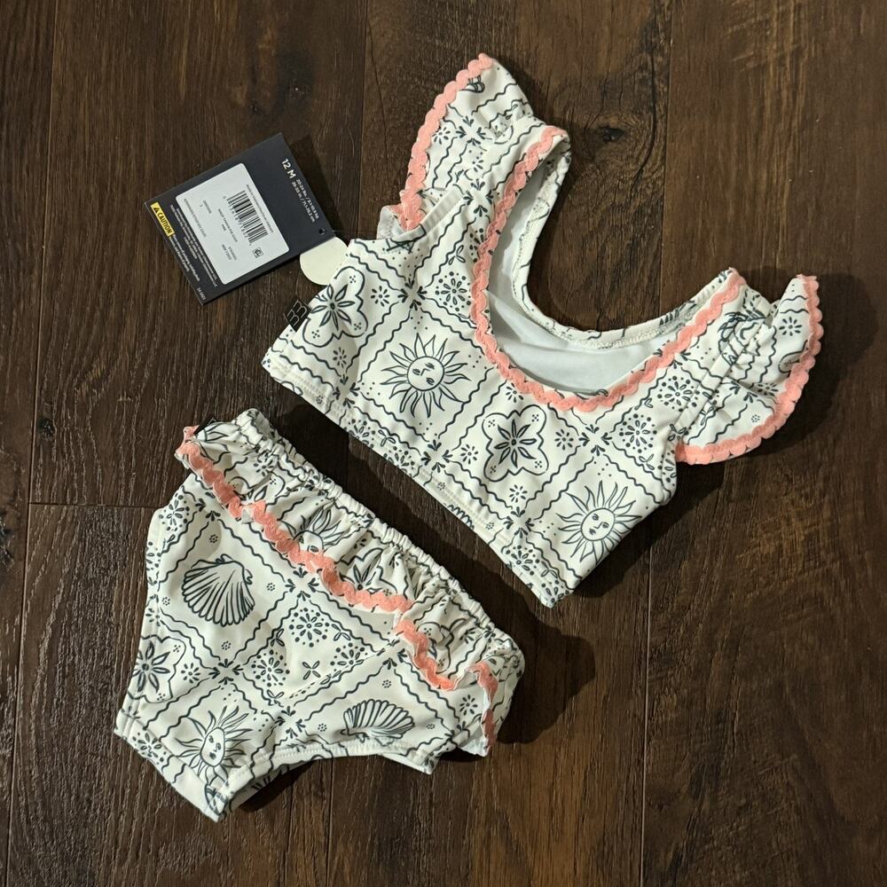 Modern Moments By Gerber 12mo. Two Piece Bathing Suit Pink Floral Pattern UPF 50